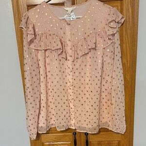 LC Lauren Conrad Pink Ruffle Blouse with Gold Accents